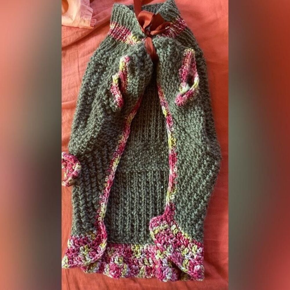 Handmade Gray Knit Dog Sweater Medium Floral Crochet Trim Warm Pet M Size Cute